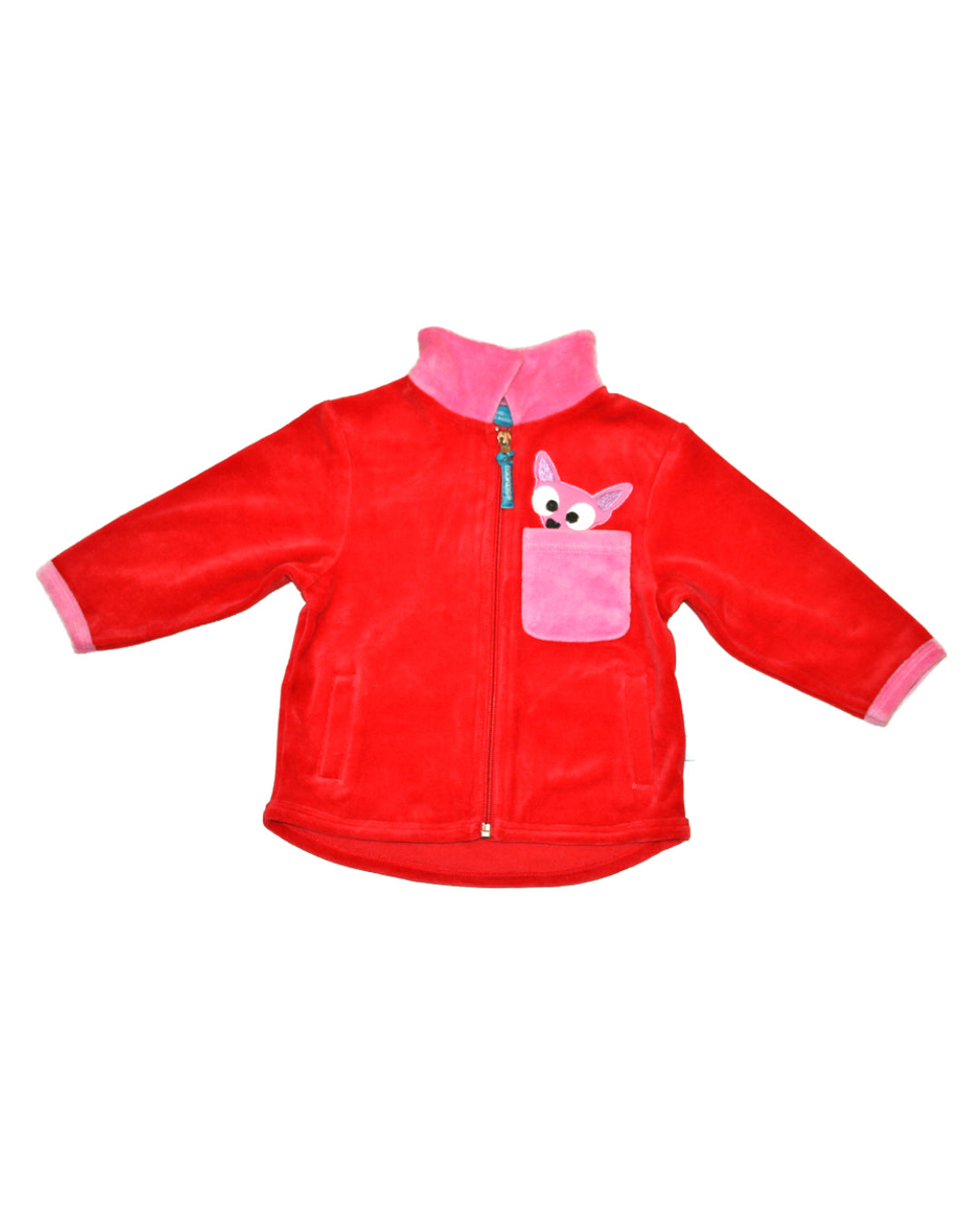 Rote Babyjacke aus Samt mit rosa Fuchsmädchen aus der rosa Brusttasche schauend